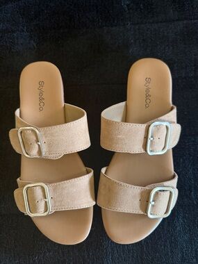 Style & Co. Women’s Double-Band Buckle Slide Sandals in Tan